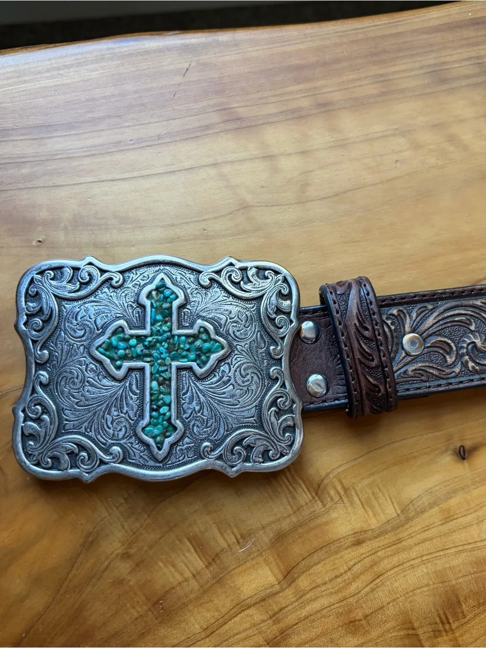 Nocona Brown Tooled Leather Belt with Silver-Tone Buckle and Turquoise Cross